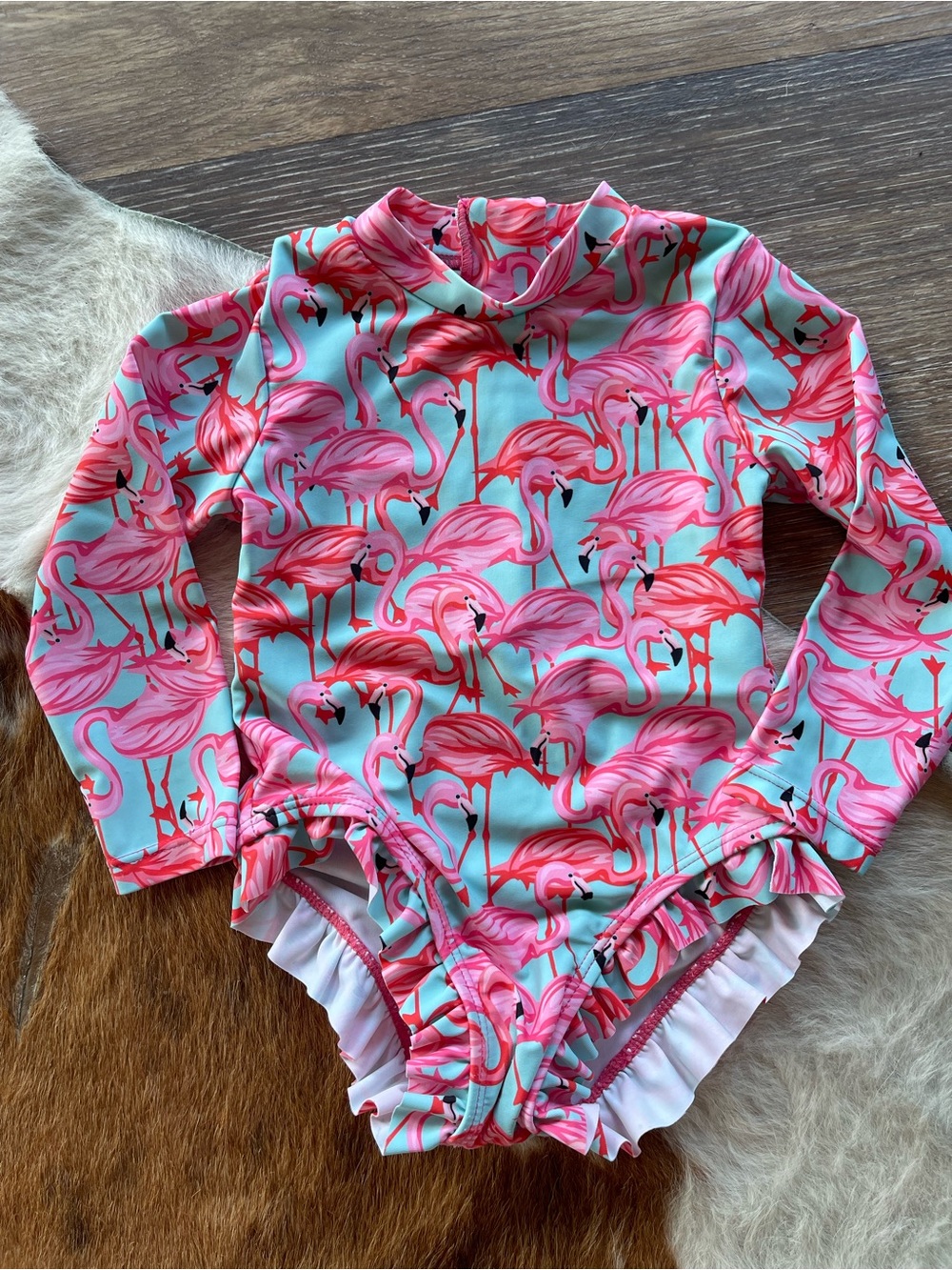 SHEIN Pink Flamingo One-Piece Swimsuit with Aqua Background